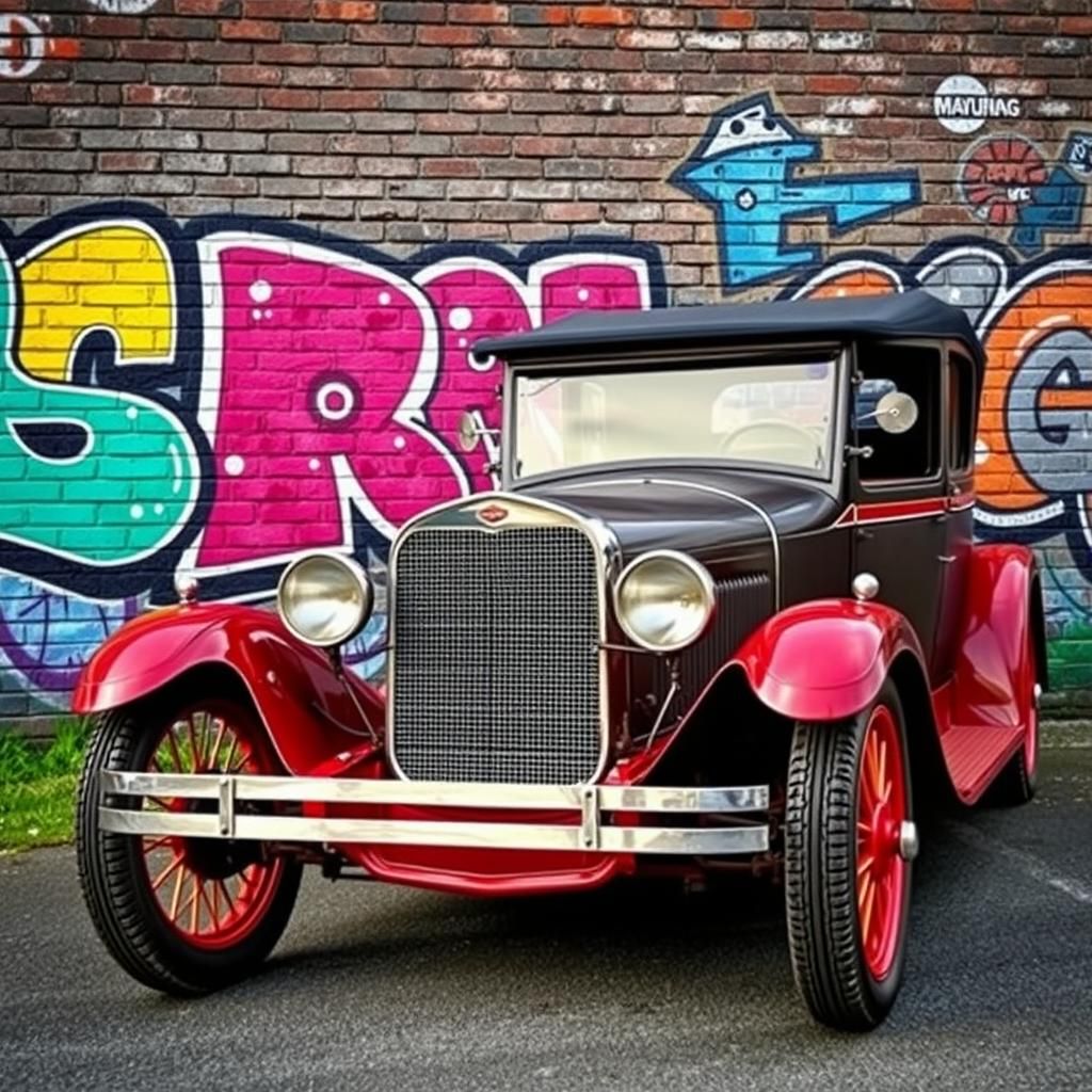 1920s Car Parked by Graffiti Brick Wall