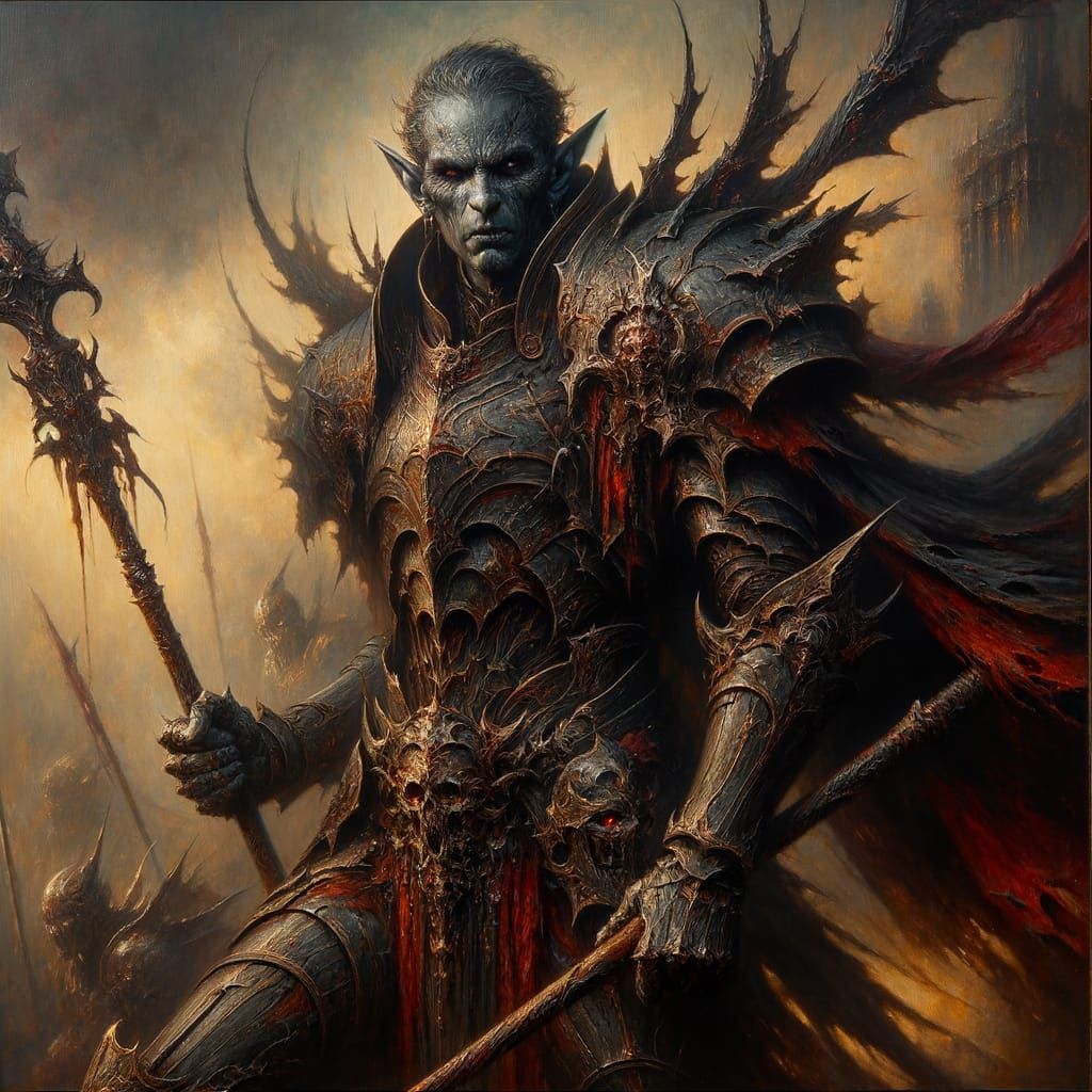 Dark Elf Warrior in Crimson Armor Stands Defiant on War-Torn...