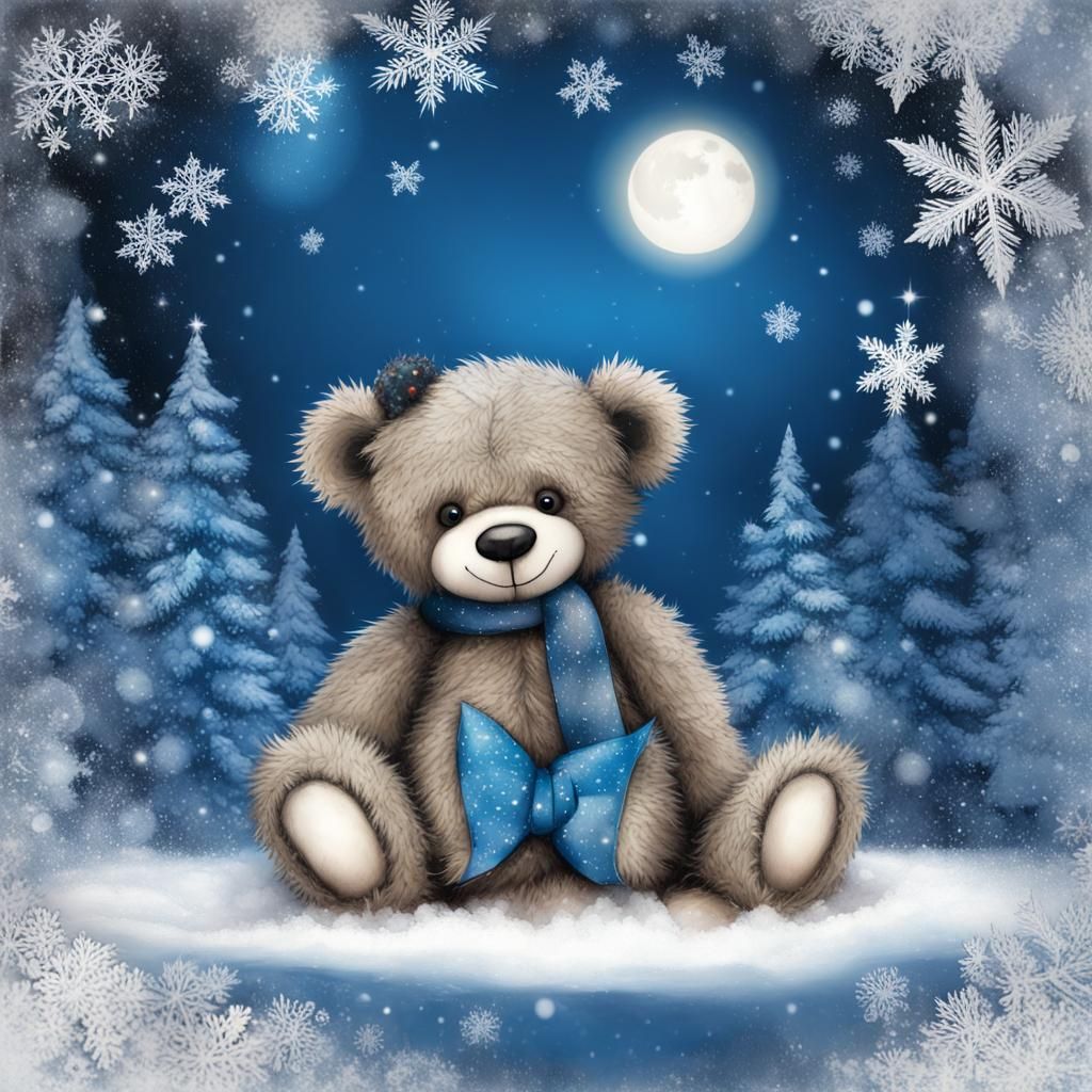 Teddy Bear in Snowy Forest, Dark Fantasy 3D Render