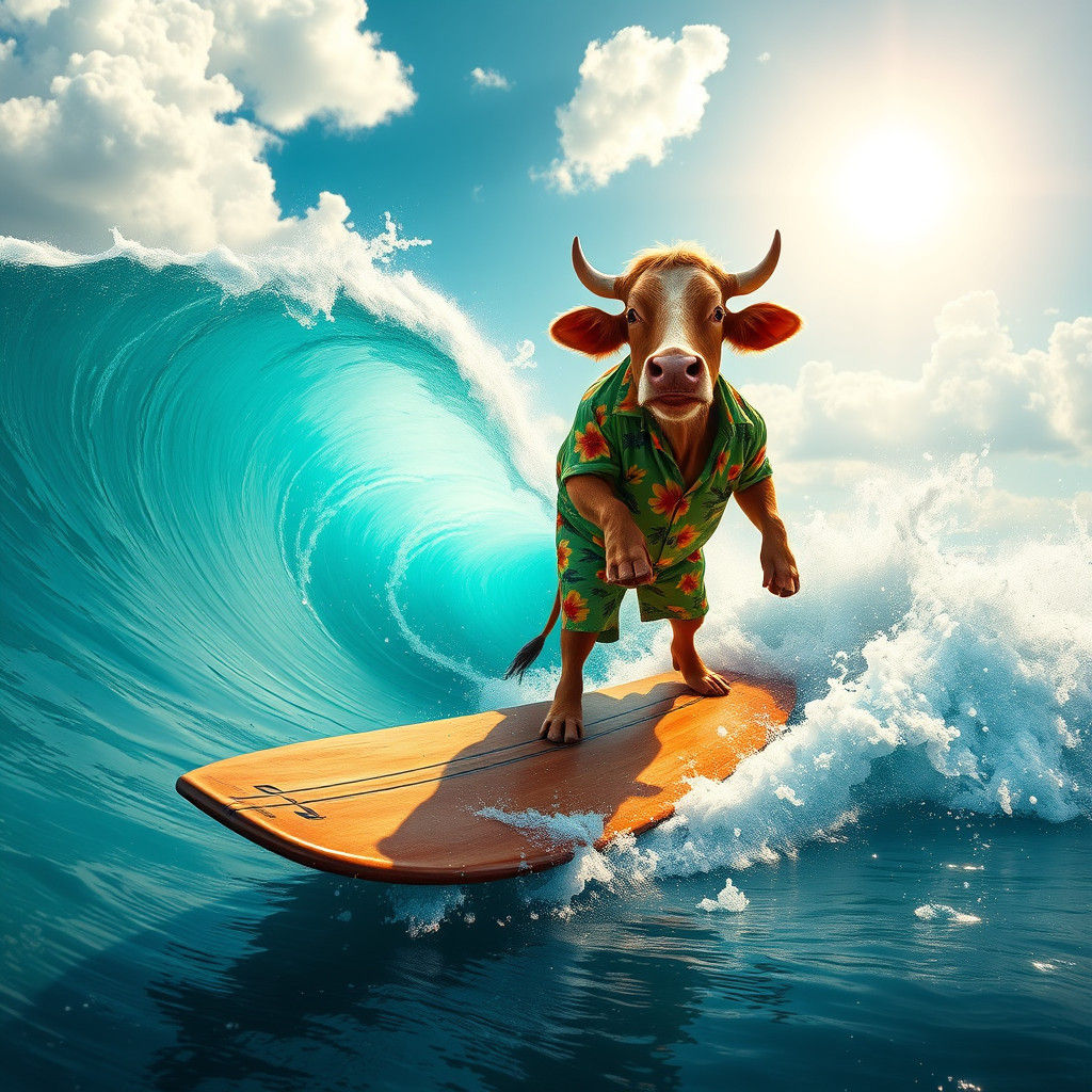Cow Surfing a Wave in Hawaiian Shirt