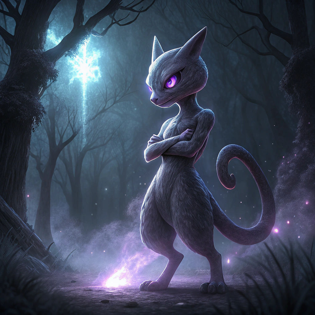Heroic Mewtwo in Dark Biomechanical Fantasy Landscape
