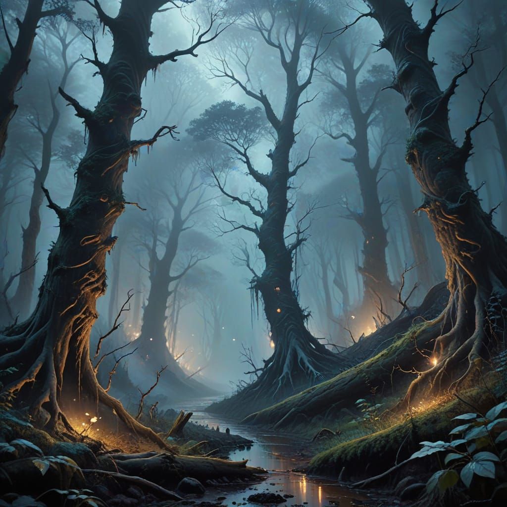 Surreal Forest Abyss in Vibrant Oil Painting