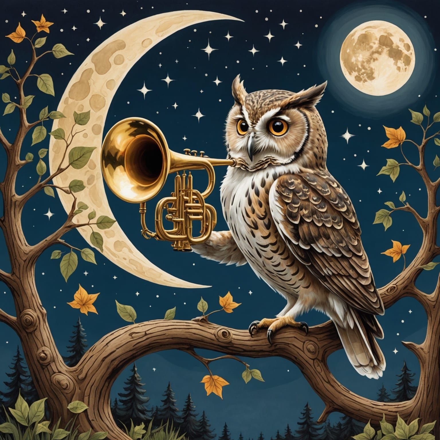 Owl blowing trumpet