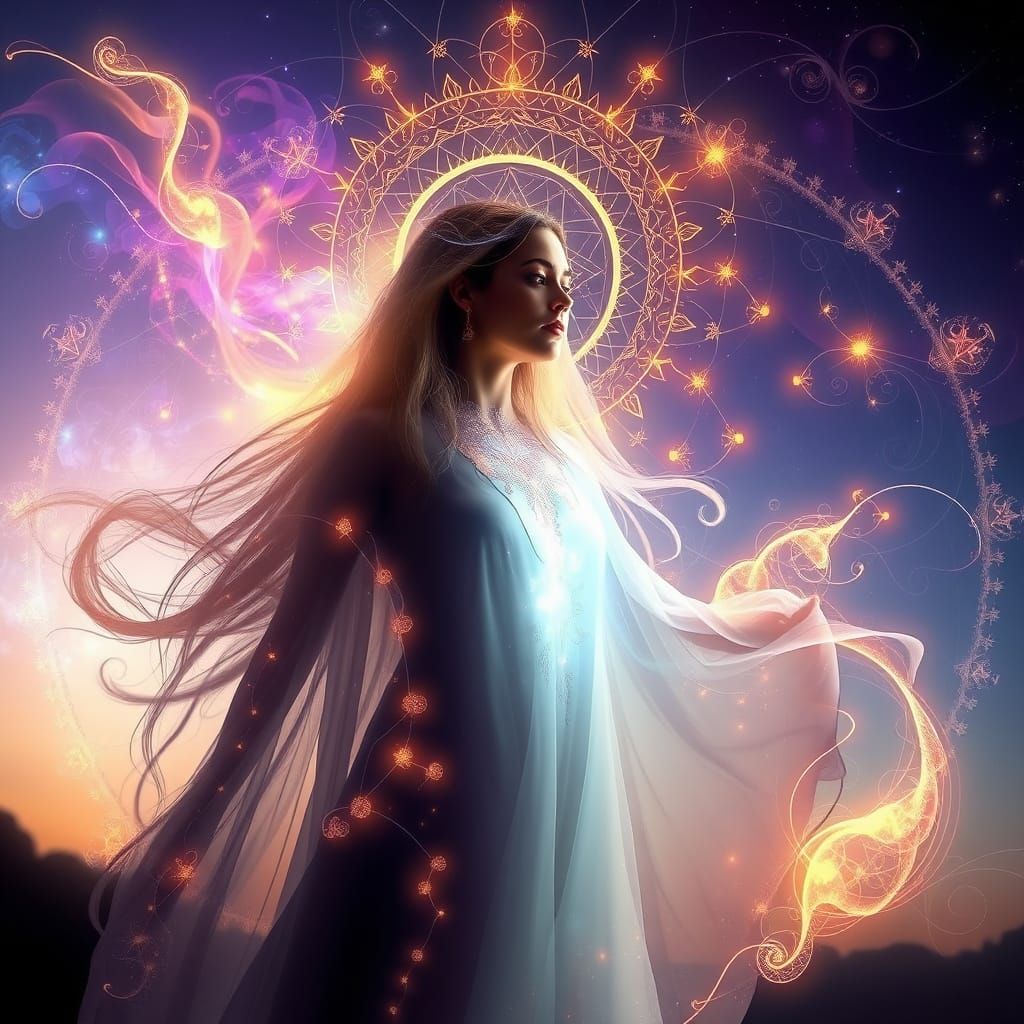Ethereal Goddess of Sacred Geometry in Luminous Aura