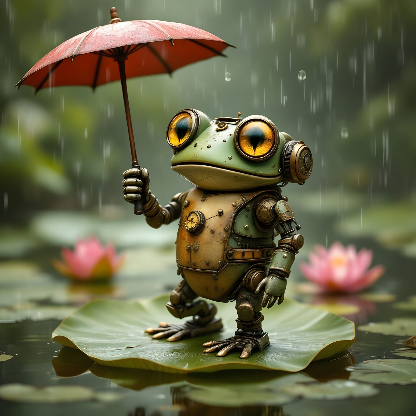 Whimsical Steampunk Frog Robot in Rainy Pond Scene