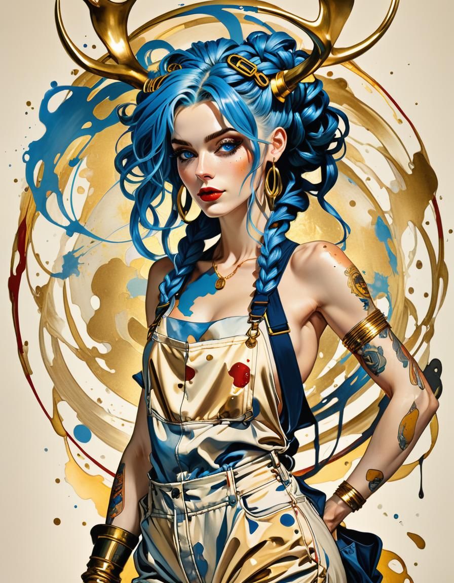 Golden Blue Girl with Antlers in Ink Splatter Style