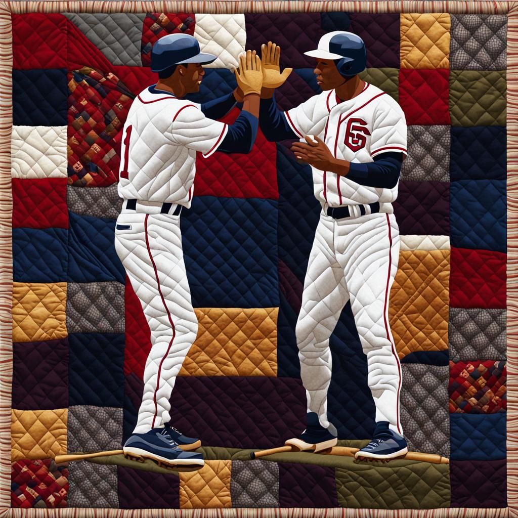 Quilted Baseball Players High Five Illustration