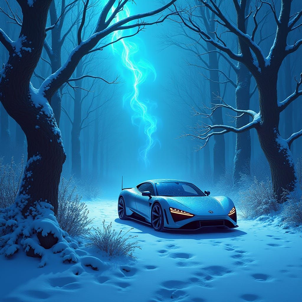Futuristic Car in Mystical Winter Forest
