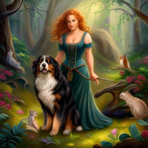 Ginger Spice, Dog, and Squirrels in Ethereal Fantasy Style