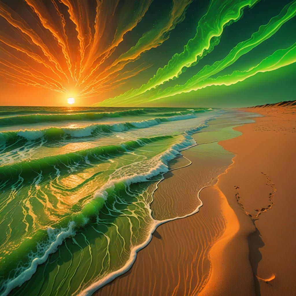 Surreal Alien Landscape with Neon Ocean Waves
