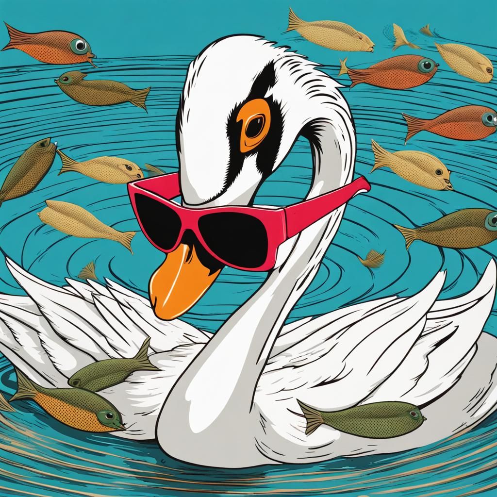 Pop art style: White swan with sunglasses and a fishing hat in a pond full of fly fish.