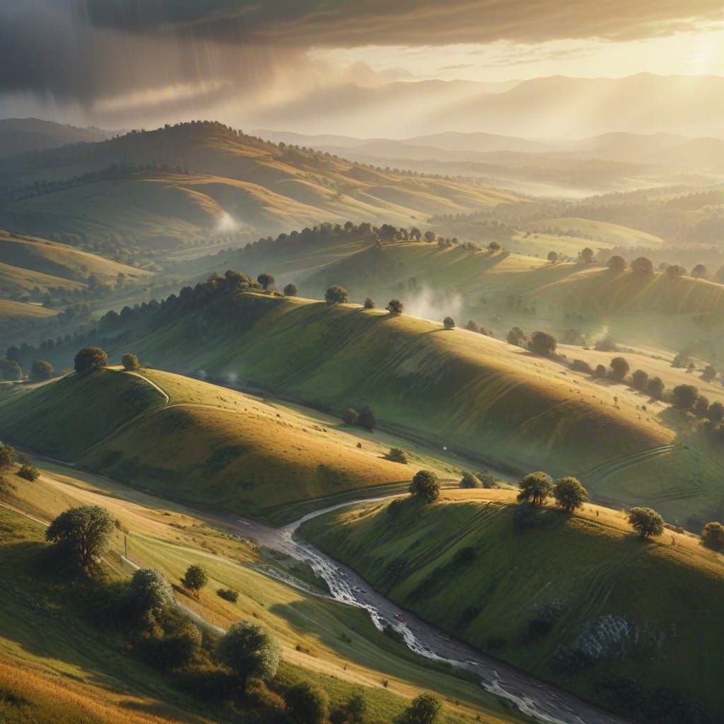 Summer Rain on Hills: Impressionist Watercolor Landscape