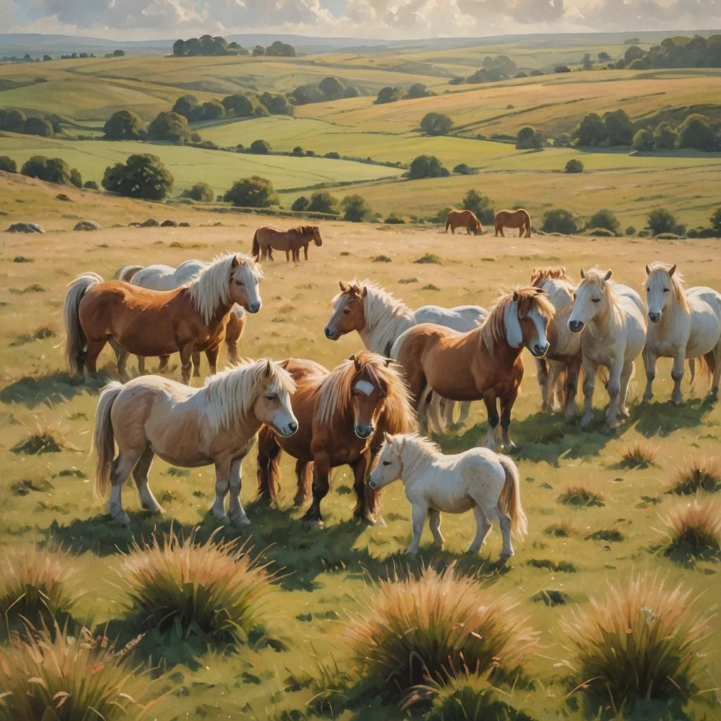 Shetland Ponies Grazing: An Impressionist Landscape Painting