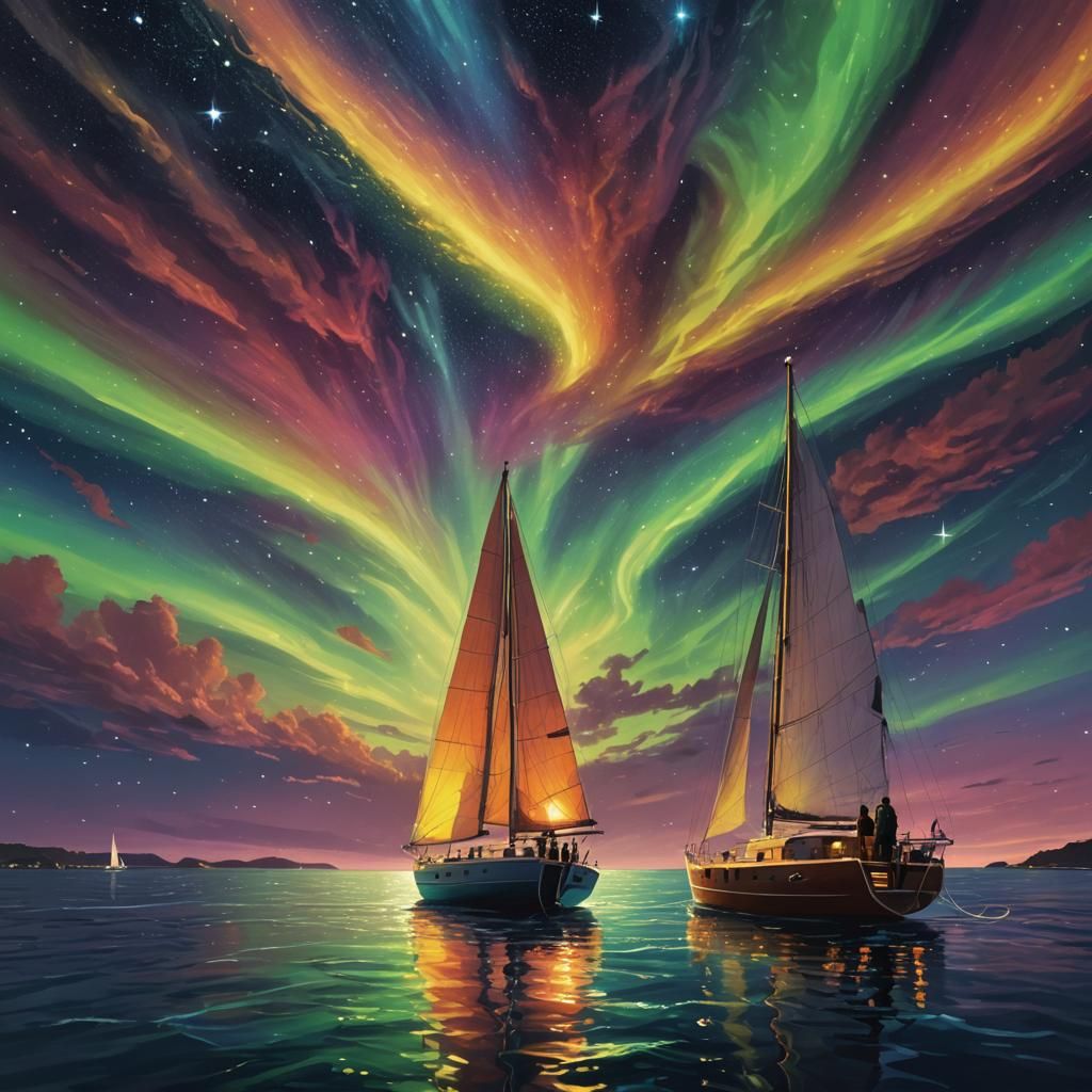 Dreamy Night Sailboat Scene with Aurora Borealis