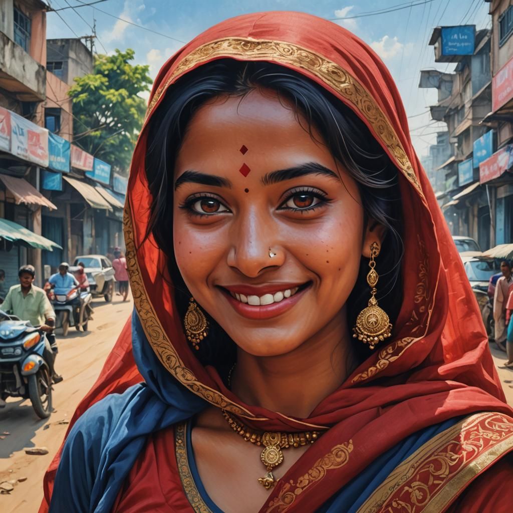 Bengali Woman in Red Saree, Dhaka City Portrait