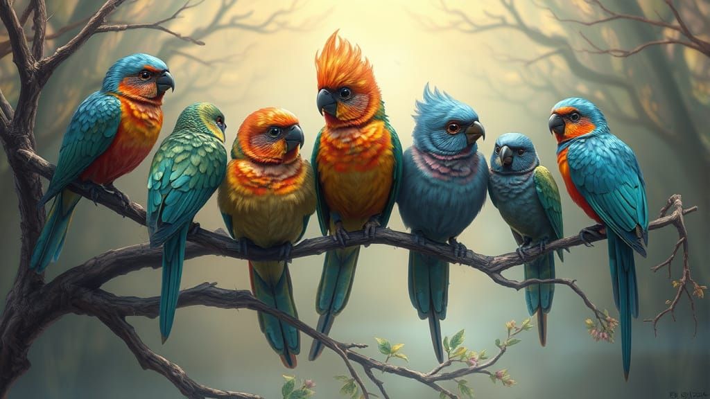 Vibrant Fantasy Birds in Whimsical Woodland Scene