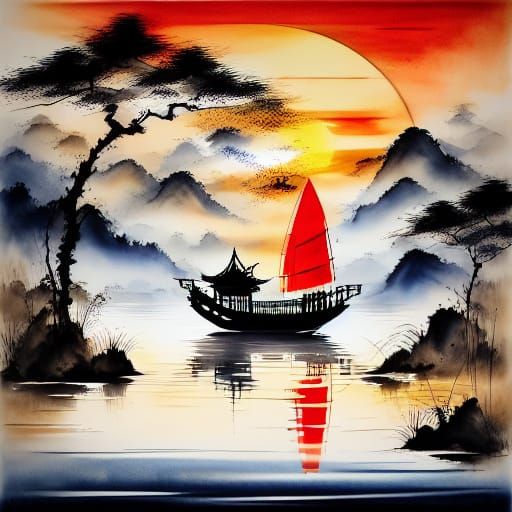 Chinese Ink Painting of a Red Boat at Sunset