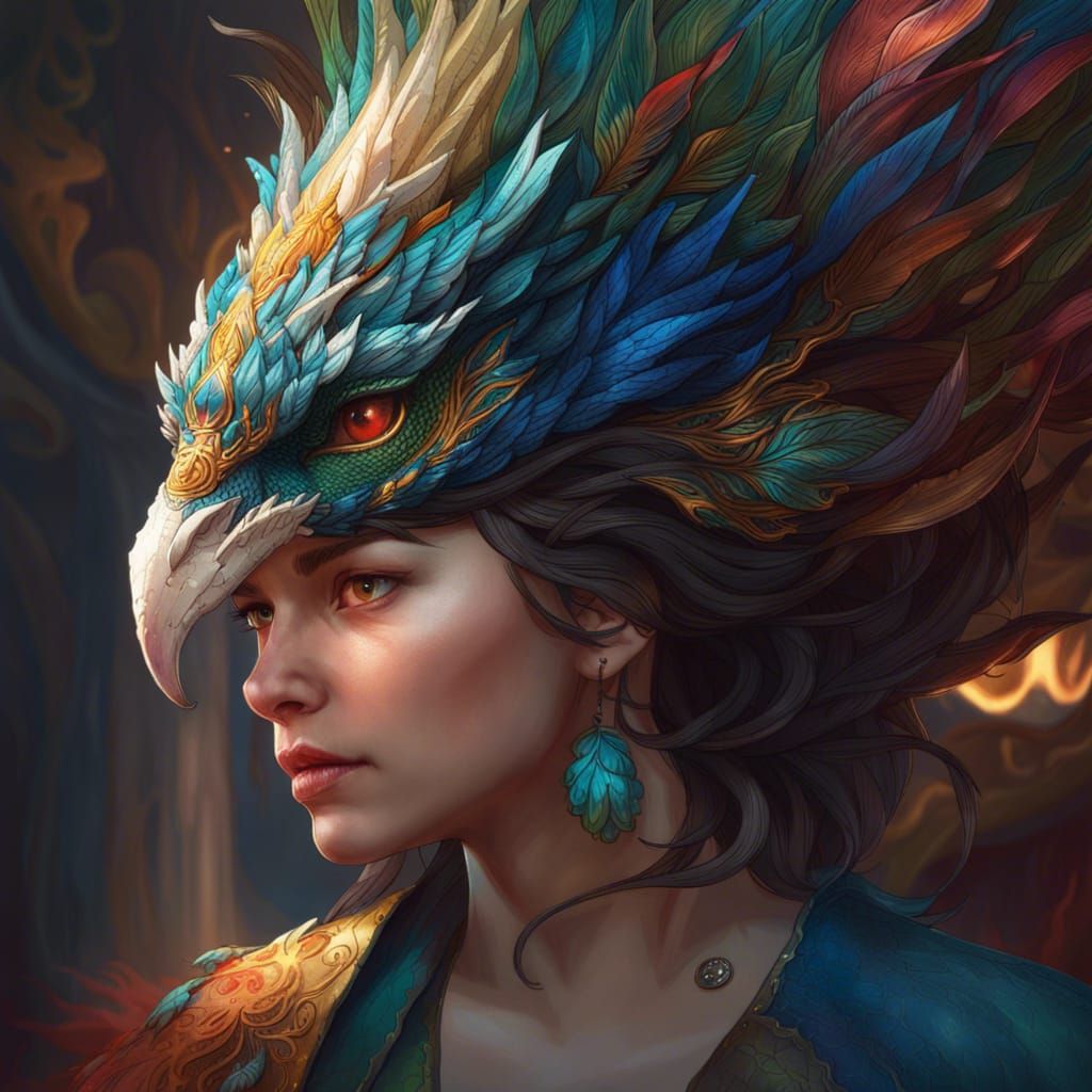 Dragon Peacock Portrait in Art Nouveau Style