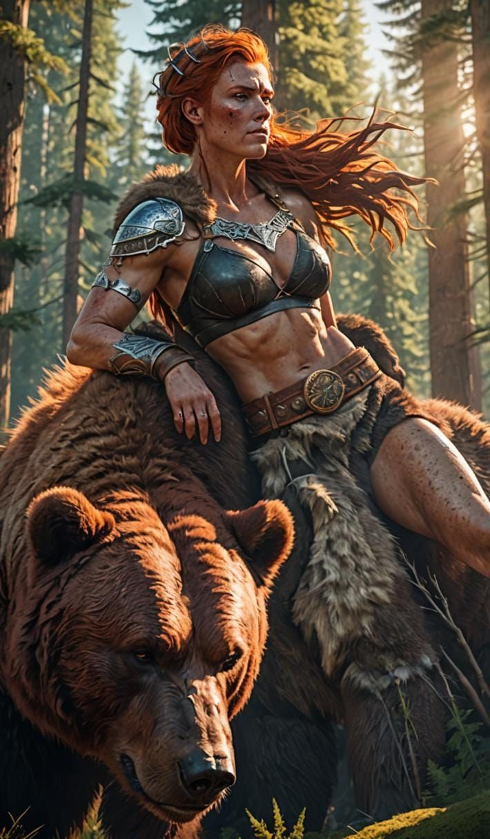 Redhead Barbarian with Grizzly Bear in Forest
