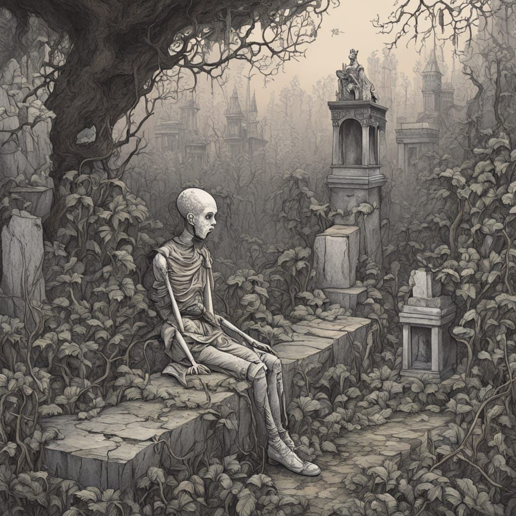 Eerie Doll in Overgrown Garden, Naive Art