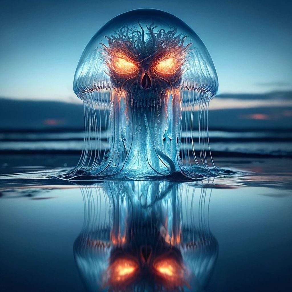 Jellyfish with Human Face: Surreal Twilight Scene