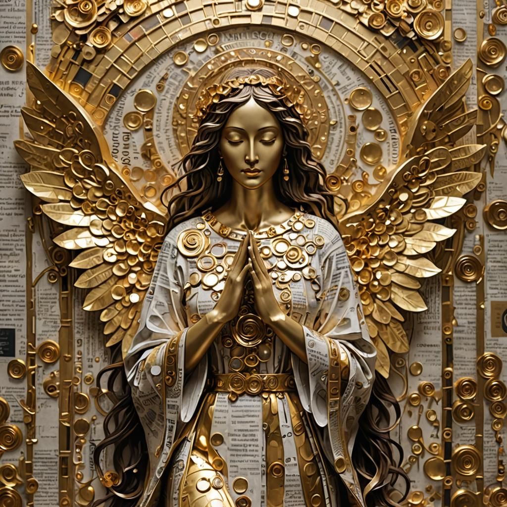 Golden Newspaper Angel in Klimt-Inspired Style