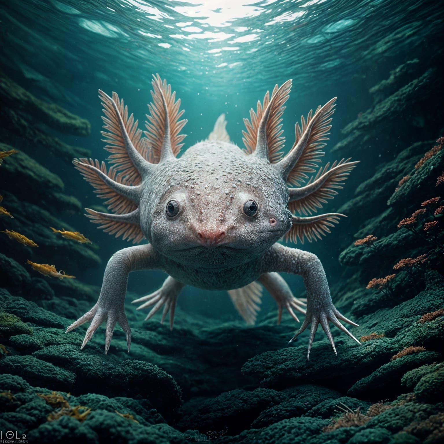 Surreal Axolotl Explores Vibrant Underwater Wonderland in Do...