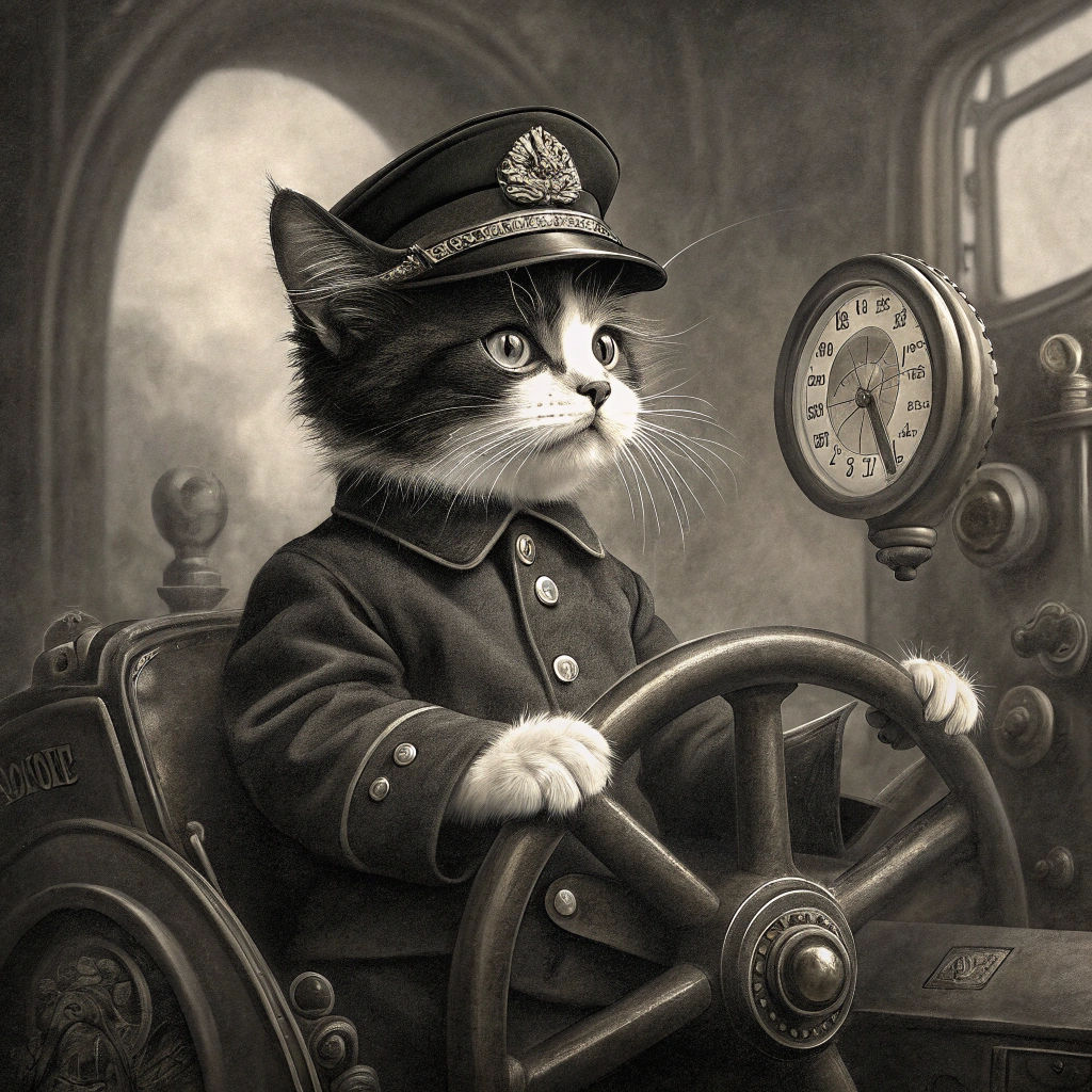 Kitten Conductor on Steam Train, Art Nouveau Style