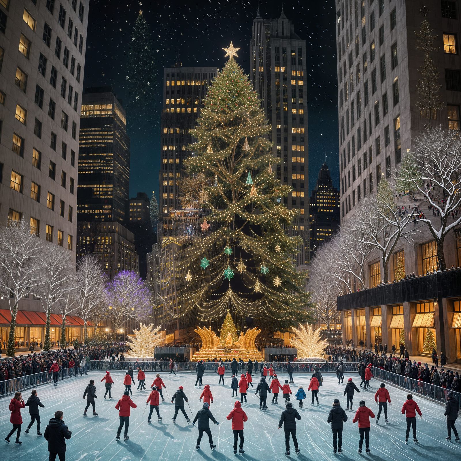 Gorgeous Rockefeller Christmas Tree Lit Up at Night with Ice...