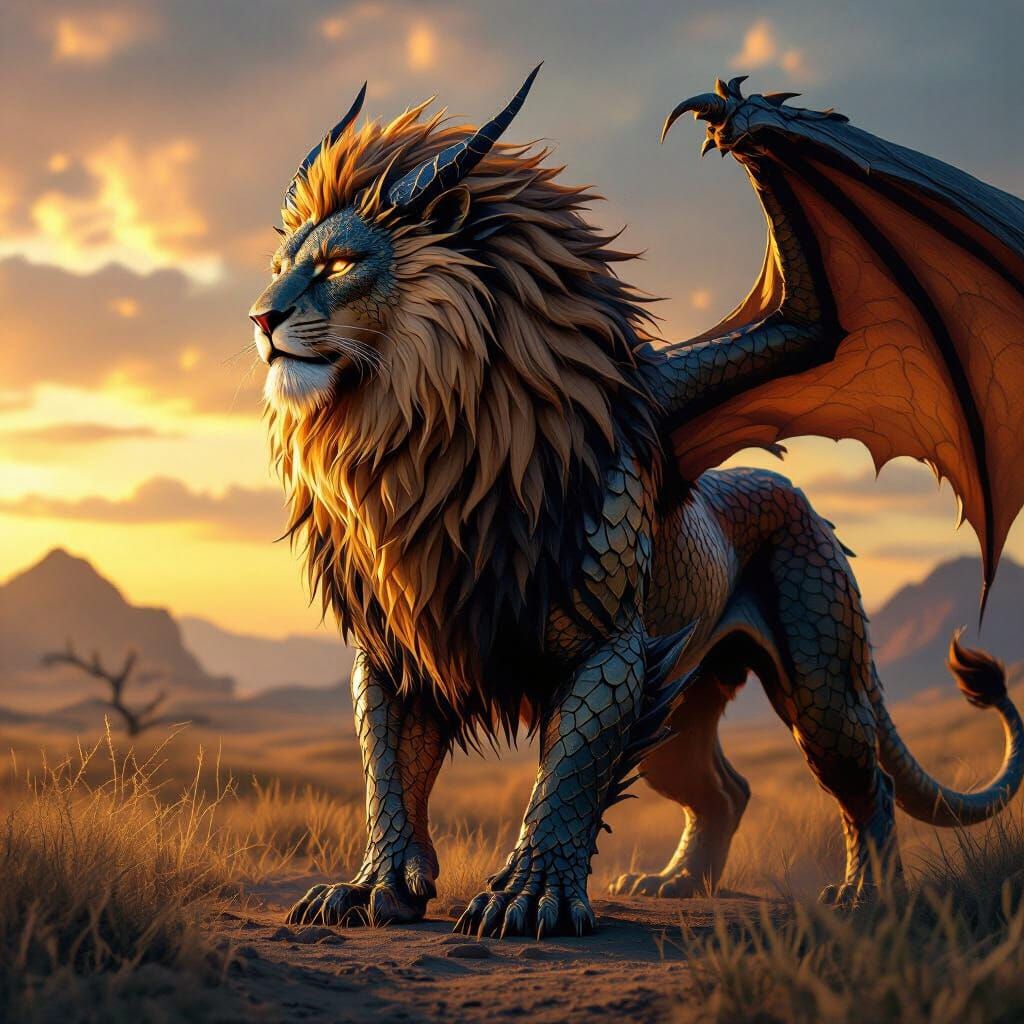 Majestic Dragon-Lion Hybrid in Wilderness