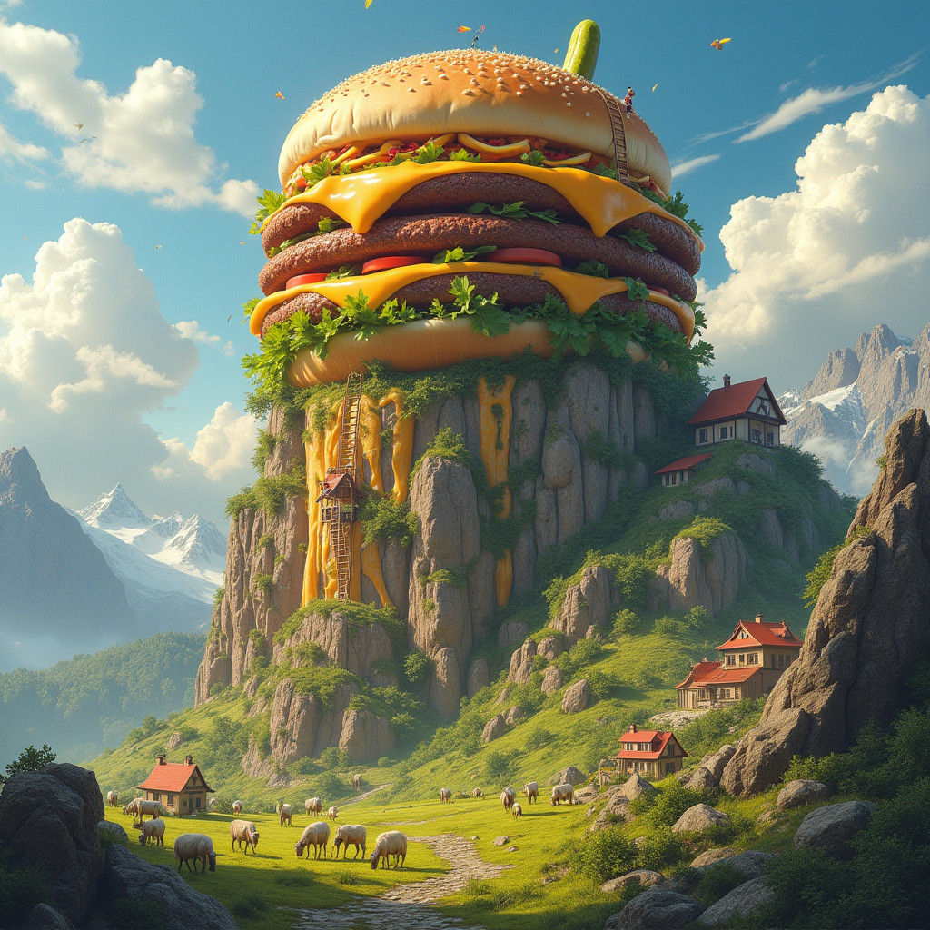 Epic Cheeseburger Mountain Village: Hyperrealistic Concept A...