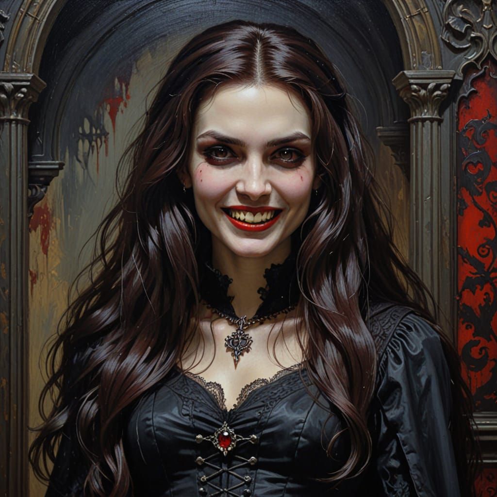 Gothic Vampire Woman in Antique Carmine and Black Oil Painti...