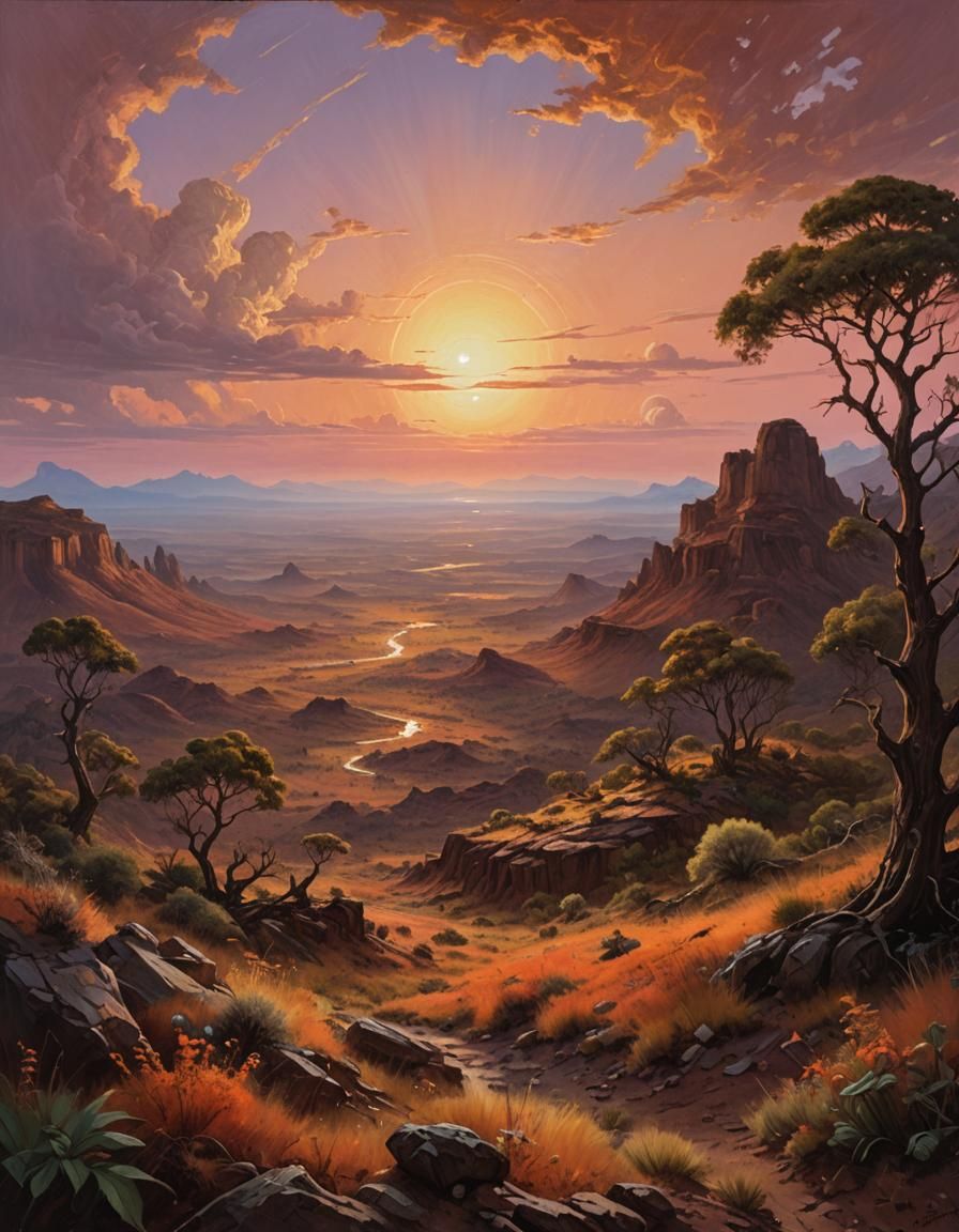 Alien Planet Sunset in Golden Light: Oil Painting