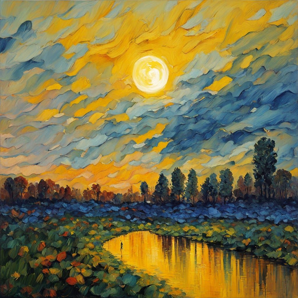 Impressionist Person Under a Vibrant Full Moon