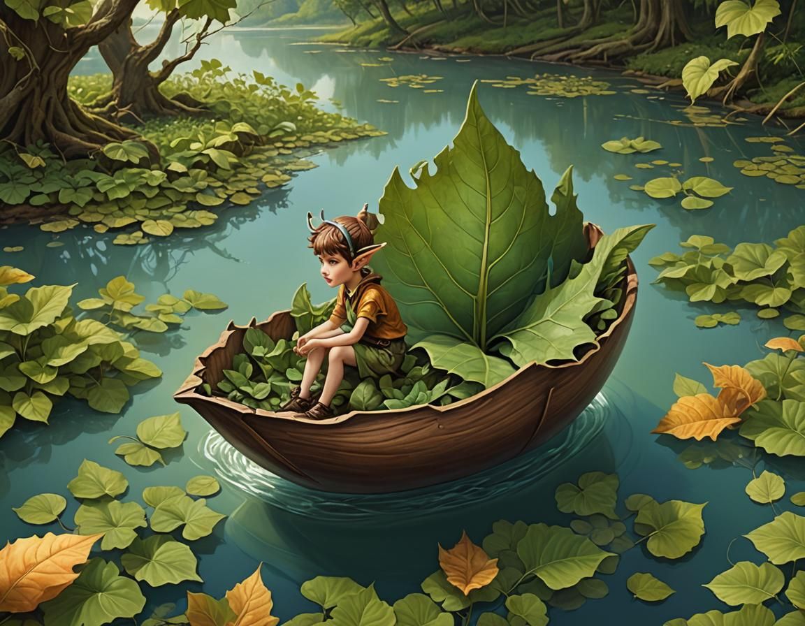 Cute Pixie Sailing in Walnut Shell: Surreal Art