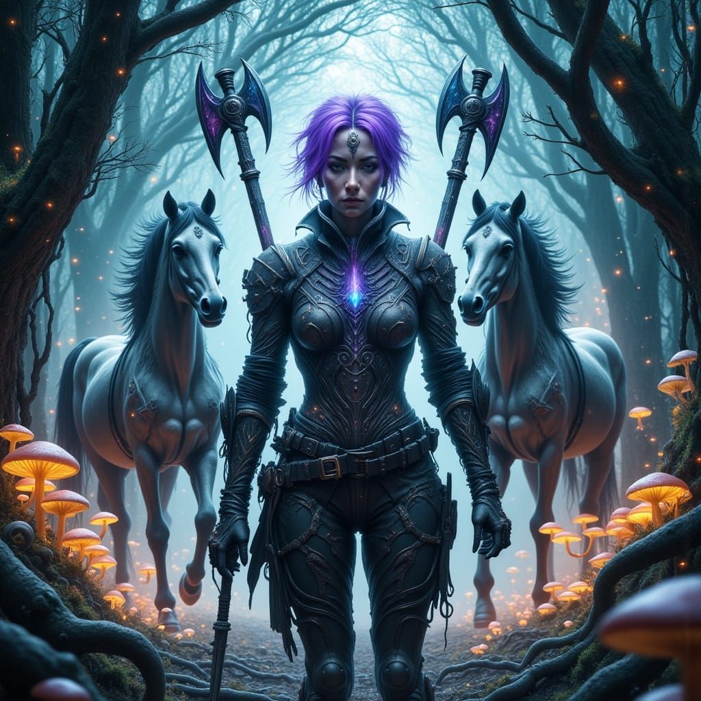 Gothic Cyberpunk Warrior in Misty Forest