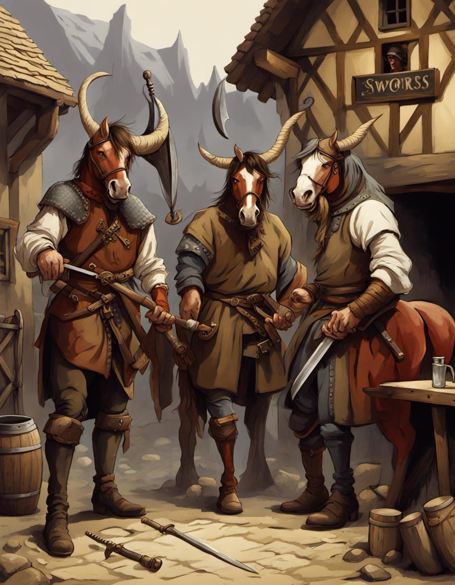 Medieval Tavern Scene with Men and Horses