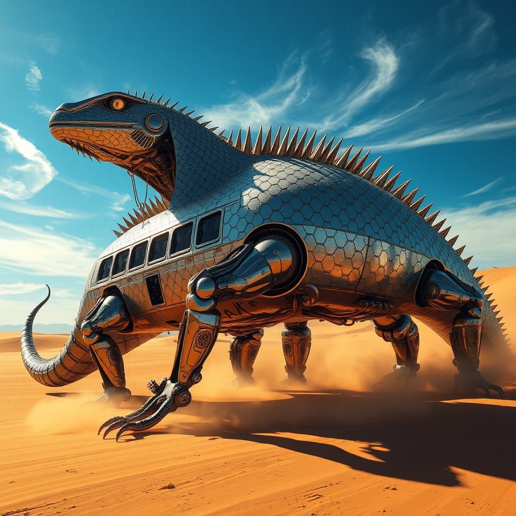 Metallic Lizard Bus in Desert Landscape, Industrial Futurism