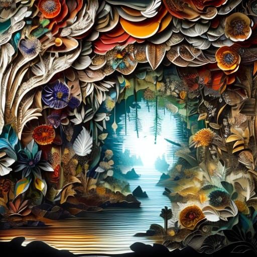 Native American Girl and Bear Paper Art Scene