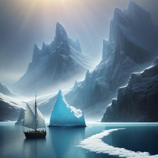 Vintage Boat Sails into Icy Landscape: Kinkade Palette