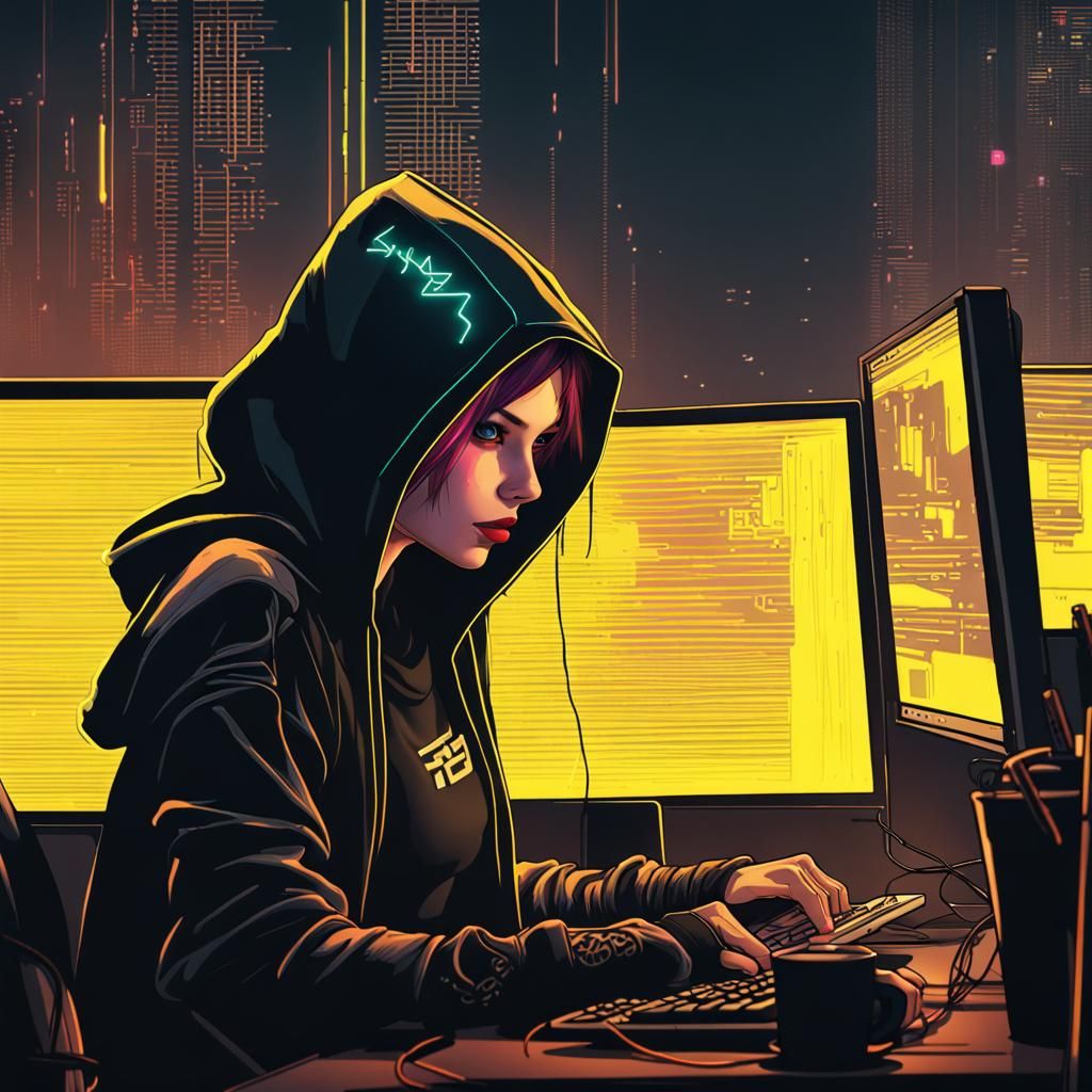 Cyberpunk Hacker Girl Coding in Neon Cityscape