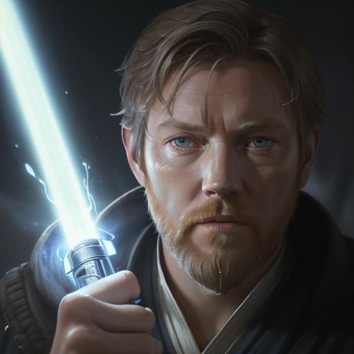 A picture of Obi-wan Kenobi with a lightsaber in his hands
