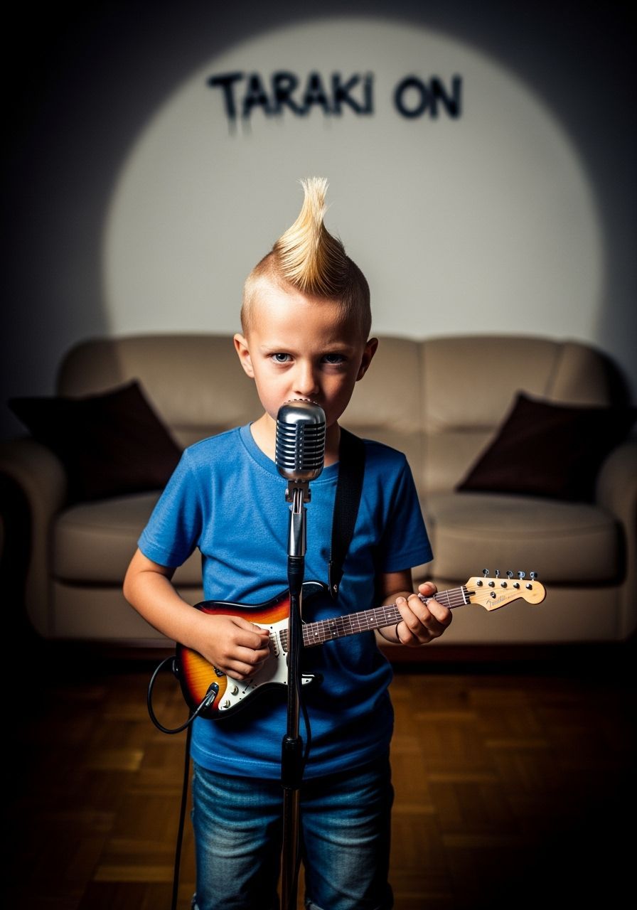 Boy with Mohawk Singing into Microphone, Editorial Portrait