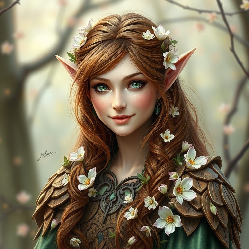 Ethereal Woodland Elf Maiden in Floral Armor
