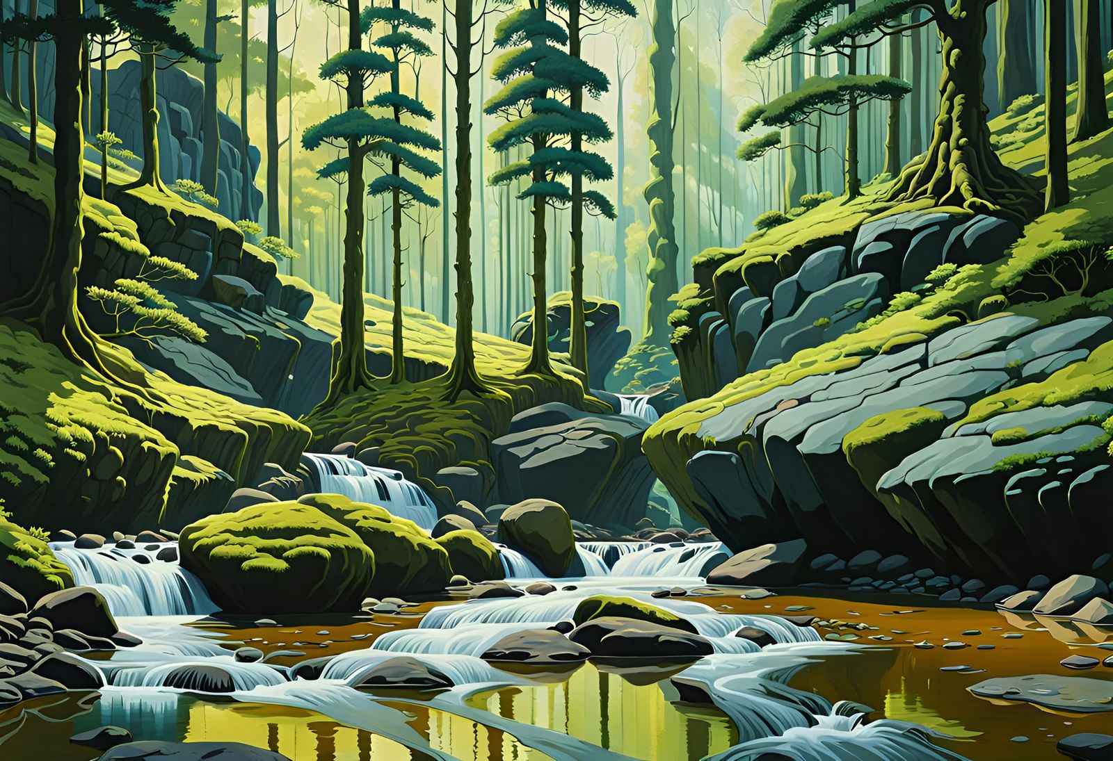 Mossy Rock Wall Reflects in Forest Stream: Anime Style