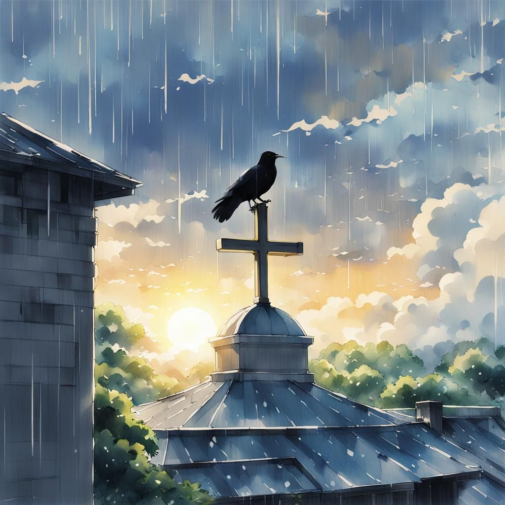 Crow Perched Atop Building in Anime Style