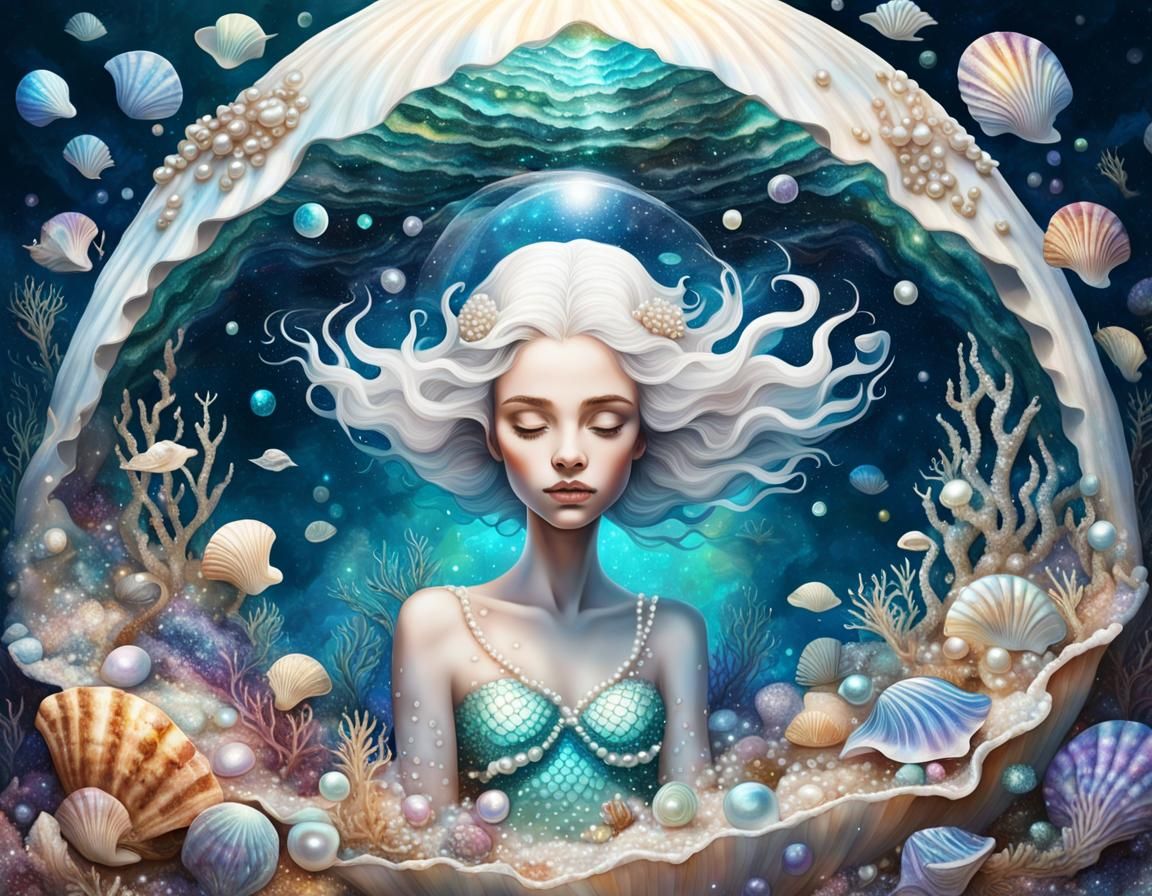 Pearl Mermaid's Birth: A Cosmic Astral Illustration
