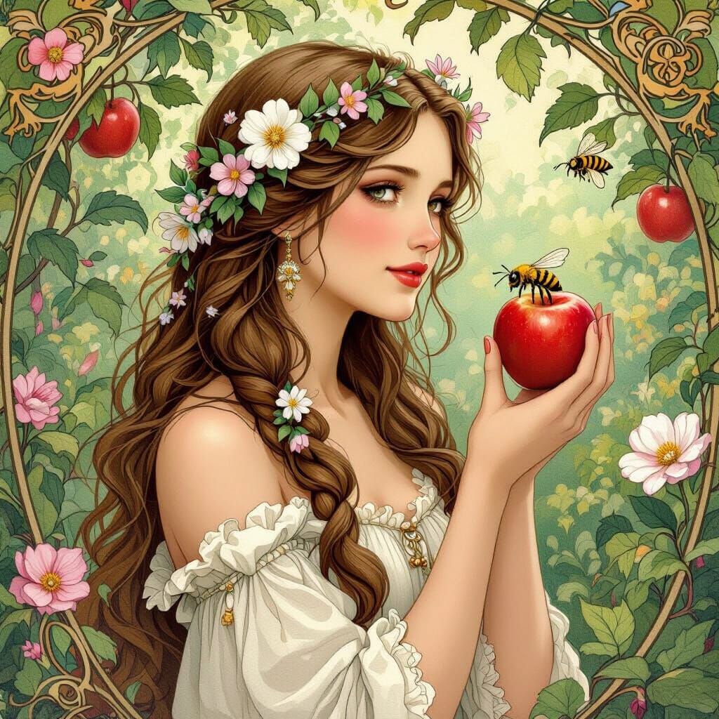 Eve in Garden with Bee, Arthur Rackham Style