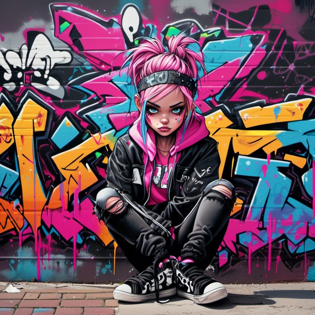 Adorable Punk Graffiti Artist in Cityscape