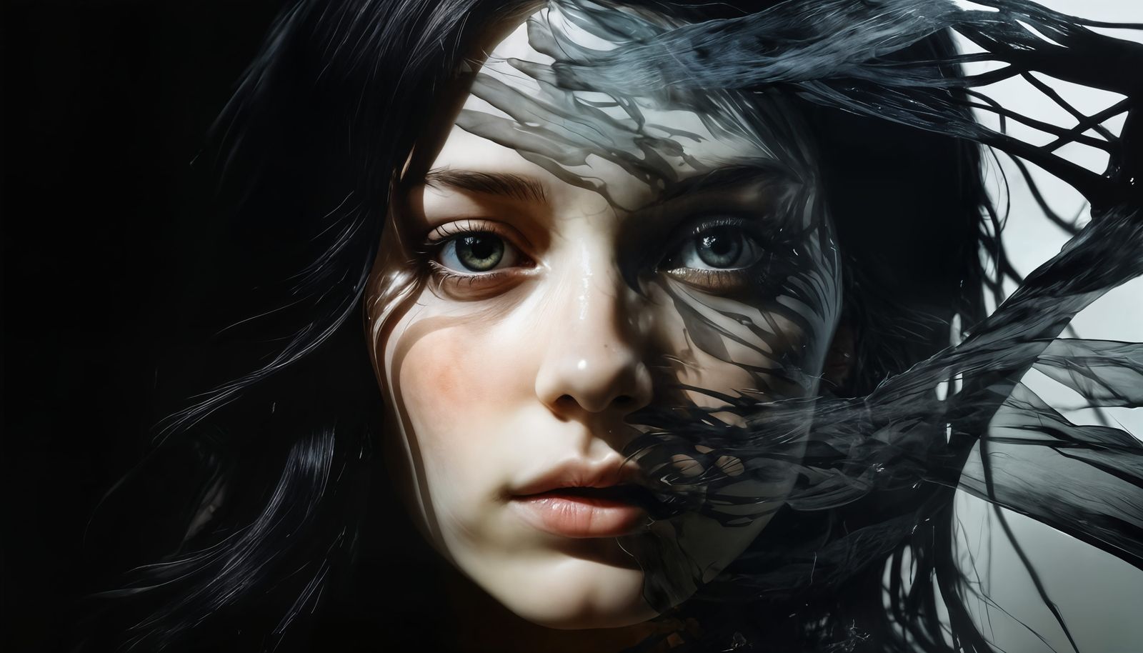 Ethereal Woman in Shadows: Double Exposure Portrait